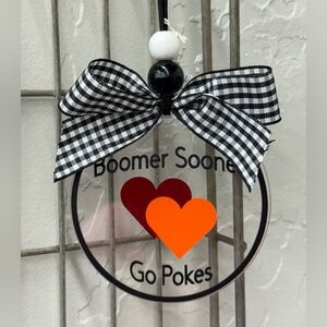 House Divided OU - OSU Heart Ornament or Rear View Mirror Charm with Gingham Bow